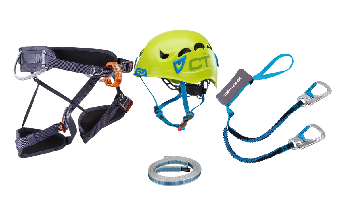 Kit de vía ferrata de alquiler a domicilio con arnés, disipador y casco